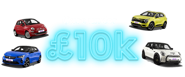 Four cars surround text reading "Cars Under £10k," featuring a red, blue, yellow, and white car on a white background.