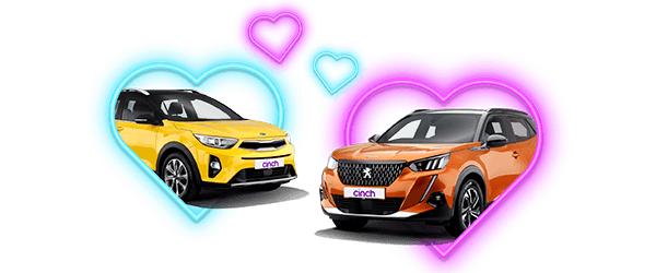 Yellow and orange cars are shown in heart shapes against a vibrant pink and blue background.