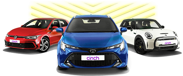 Three cars displayed: a red car on the left, a blue car in the center, and a white car on the right, all with the "cinch" logo.