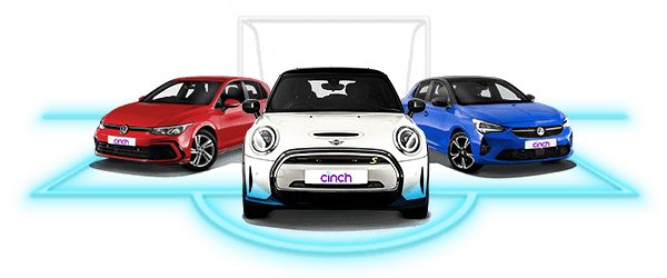 Three cars—red, white, and blue—are parked in front of a soccer goal on a bright blue background, each displaying "cinch" license plates.