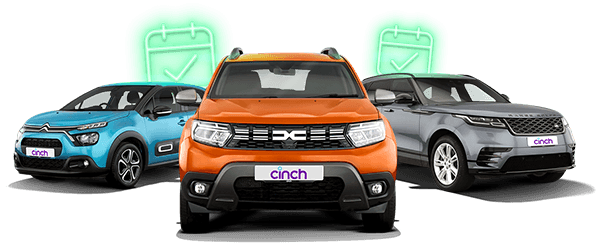Three cars—blue, orange, and gray—are parked in a row, each with a "cinch" plate. Green checkmark icons are in the background.