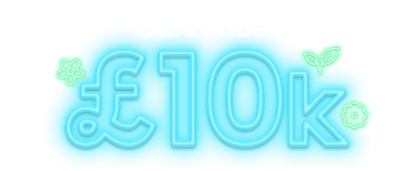 Neon-style text reads "Cars under £10k" with floral and leaf designs on a blue glowing background.