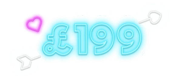 Bright promotional graphic with a pink heart, an arrow, and glowing "£199" text on a blue background.