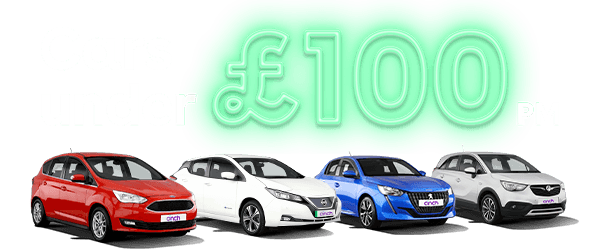 Four cars in red, white, blue, and silver are displayed in a row with a large green graphic showing "£100".