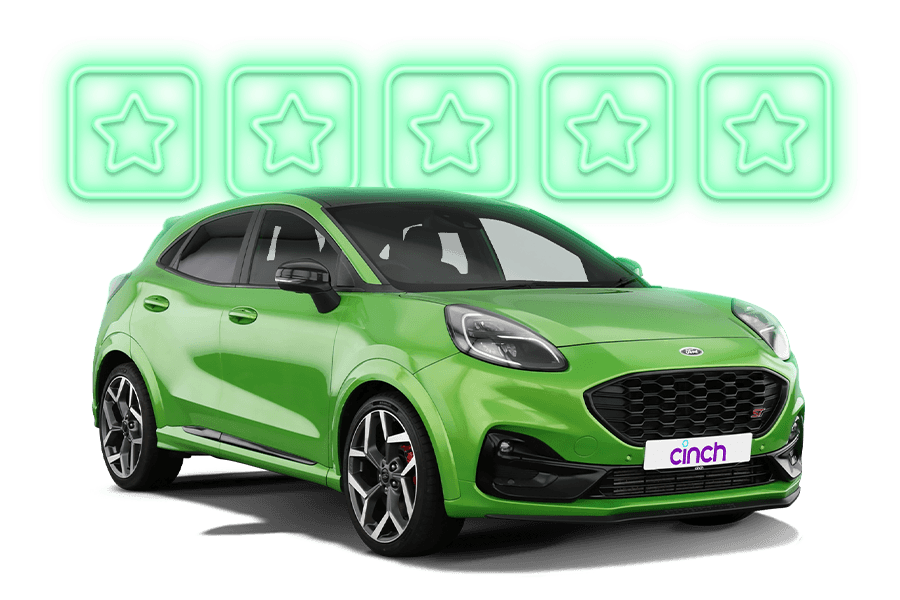 bright green text with five stars above image of a car