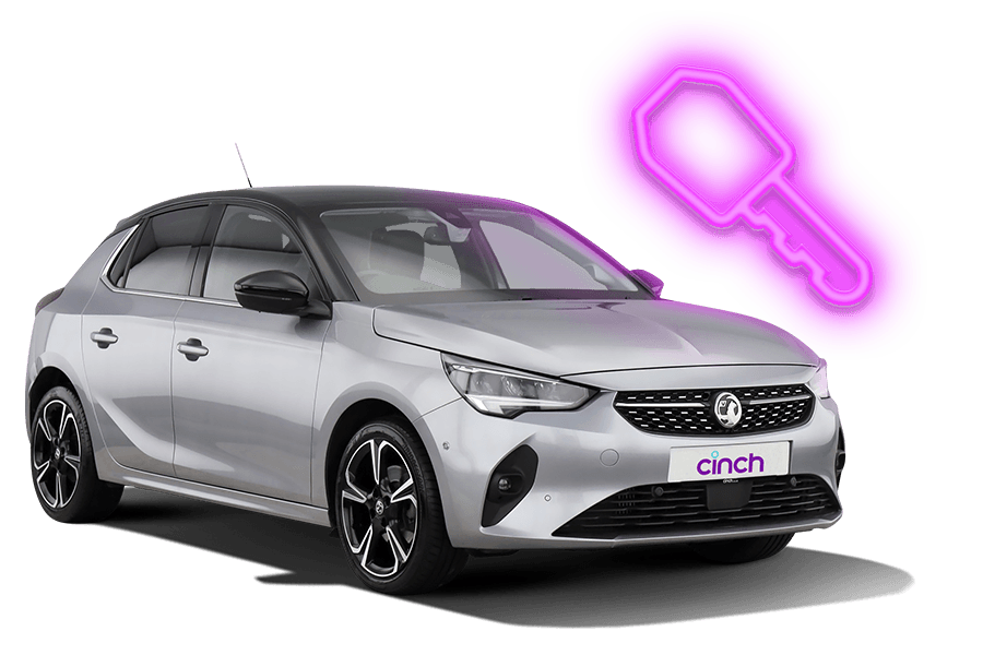 Picture of a car with a neon icon of a key in bright violet.
