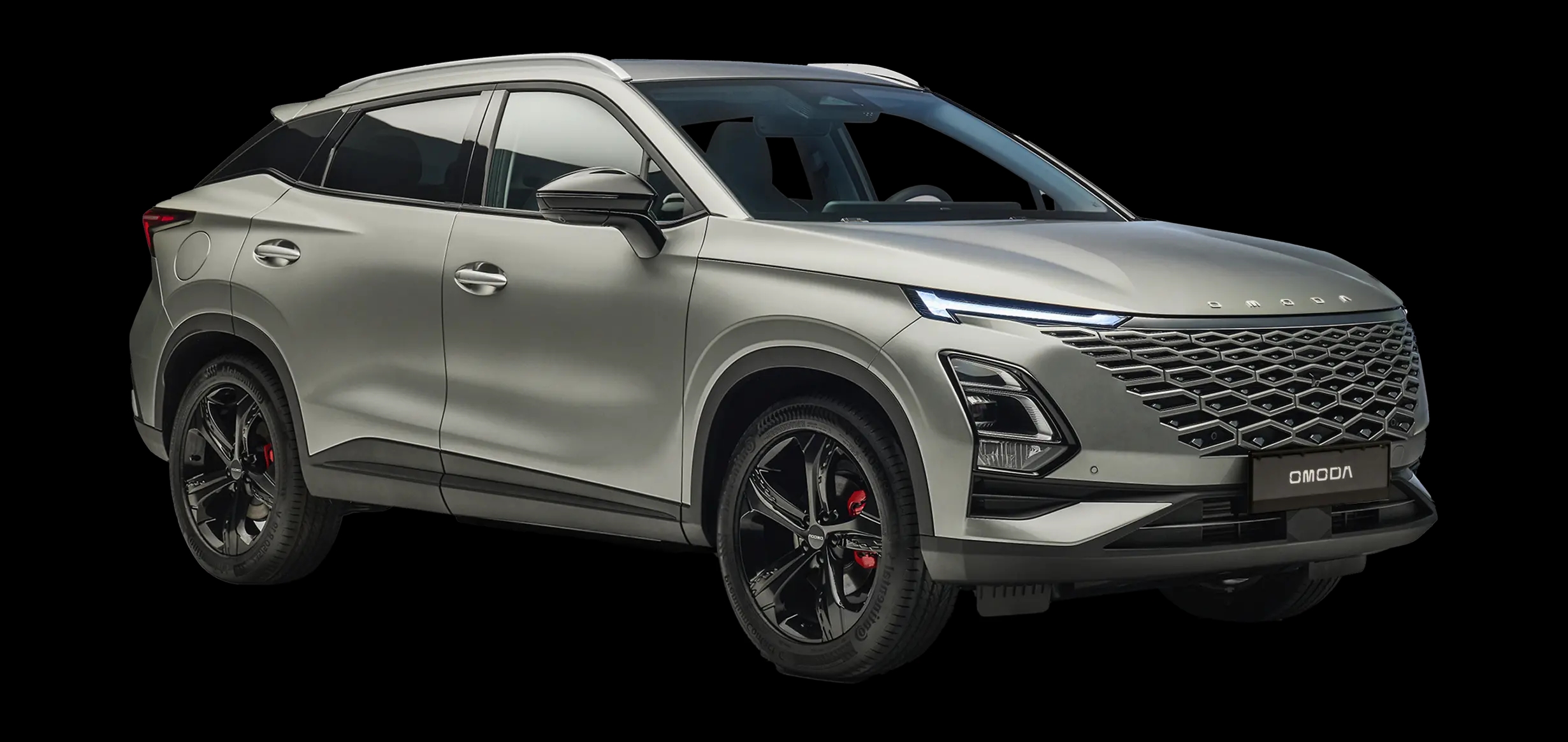 Sleek silver OMODA 5 SUV with black alloy wheels, angular headlights, and a modern grille, parked against a white background.