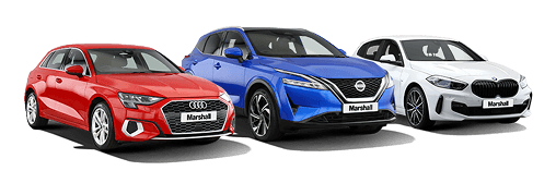 a red audi, blue nissan, and white bmw in a row