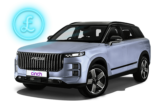 A silver JAECOO SUV underneath a glowing blue neon £ symbol